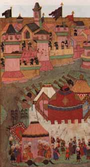 The siege of the fortress by the Turkish Army (miniature of the Middle Ages)